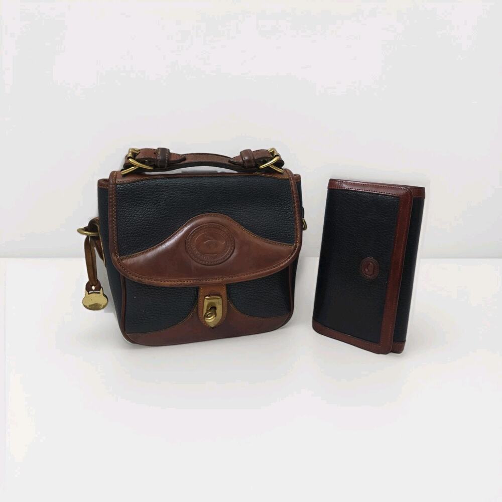 Vintage Set Dooney & Bourke Black British Tan All Weather Leather Bag + Wallet - Picture 2 of 14